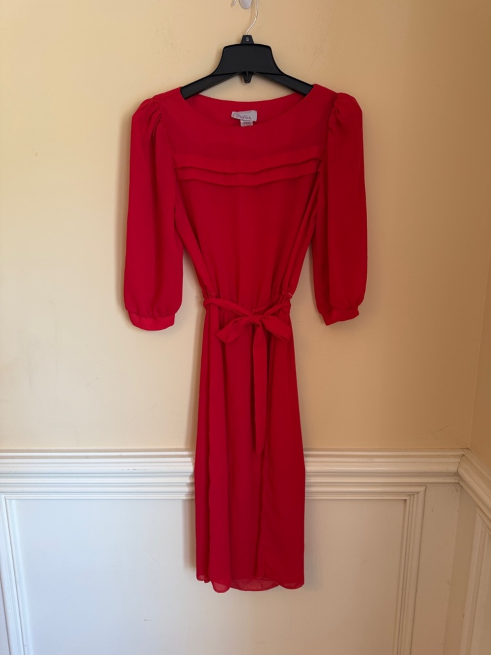 Vintage 80s Trifles Red Sheer Pleated Midi Dress Puff Sleeve Secretary